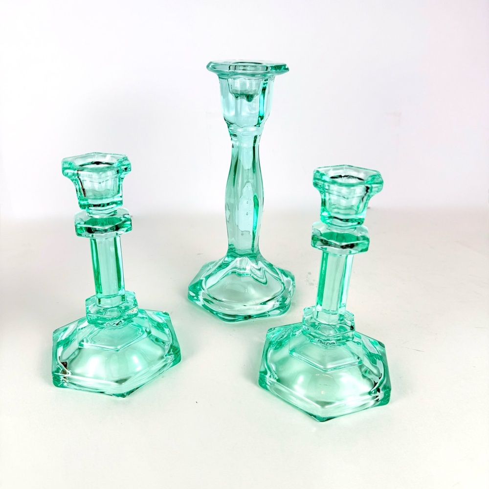 Vintage Set Of 3 Aqua Blue  Art Deco Glass Candlesticks Holders. Mid-Century Mod